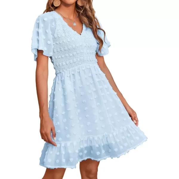 BTFBM Womens V Neck Smocked Short Sleeve Casual Dress Swiss Dot Swing Flowy Ruffle Hem Mini Beach Summer Dresses 2024Swiss Dot Light Blue