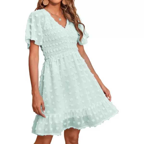 BTFBM Womens V Neck Smocked Short Sleeve Casual Dress Swiss Dot Swing Flowy Ruffle Hem Mini Beach Summer Dresses 2024Swiss Dot Light Green