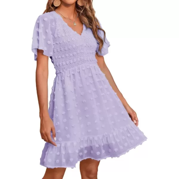 BTFBM Womens V Neck Smocked Short Sleeve Casual Dress Swiss Dot Swing Flowy Ruffle Hem Mini Beach Summer Dresses 2024Swiss Dot Light Purple