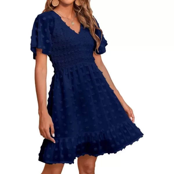 BTFBM Womens V Neck Smocked Short Sleeve Casual Dress Swiss Dot Swing Flowy Ruffle Hem Mini Beach Summer Dresses 2024Swiss Dot Navy
