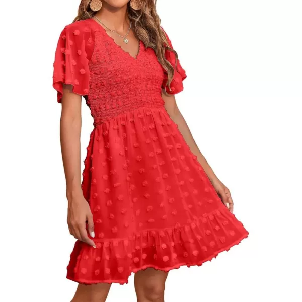 BTFBM Womens V Neck Smocked Short Sleeve Casual Dress Swiss Dot Swing Flowy Ruffle Hem Mini Beach Summer Dresses 2024Swiss Dot Red