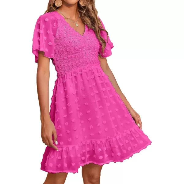 BTFBM Womens V Neck Smocked Short Sleeve Casual Dress Swiss Dot Swing Flowy Ruffle Hem Mini Beach Summer Dresses 2024Swiss Dot Rose Red