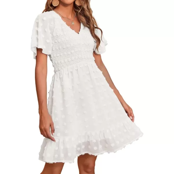 BTFBM Womens V Neck Smocked Short Sleeve Casual Dress Swiss Dot Swing Flowy Ruffle Hem Mini Beach Summer Dresses 2024Swiss Dot White