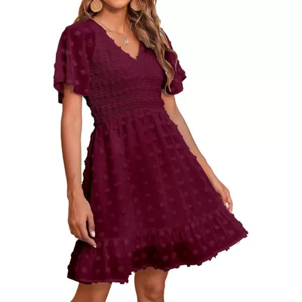BTFBM Womens V Neck Smocked Short Sleeve Casual Dress Swiss Dot Swing Flowy Ruffle Hem Mini Beach Summer Dresses 2024Swiss Dot Wine Red