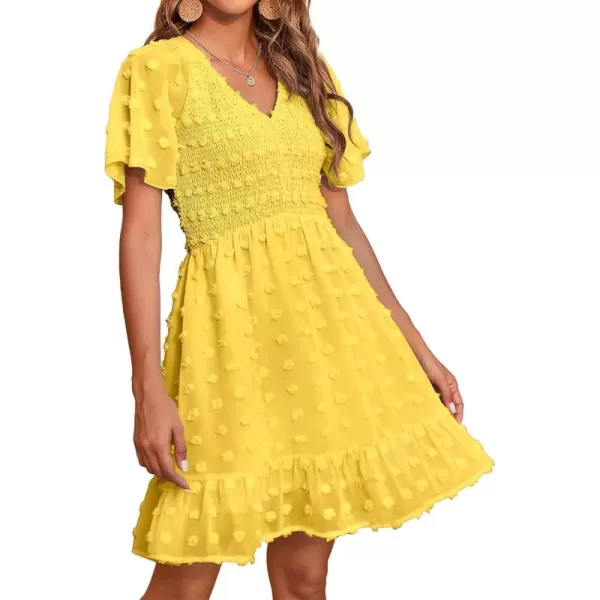 BTFBM Womens V Neck Smocked Short Sleeve Casual Dress Swiss Dot Swing Flowy Ruffle Hem Mini Beach Summer Dresses 2024Swiss Dot Yellow