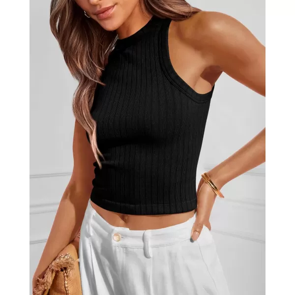 BTFBM 2 Pack Womens Tank Tops Casual Sleeveless Racerback High Neck Crop Tops Shirts Slim Fitted Basic Ribbed Tank TopBlack black