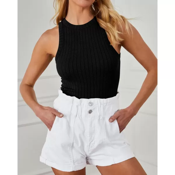 BTFBM 2 Pack Womens Tank Tops Casual Sleeveless Racerback High Neck Crop Tops Shirts Slim Fitted Basic Ribbed Tank TopBlack black