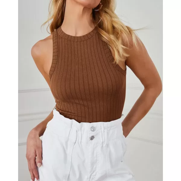 BTFBM 2 Pack Womens Tank Tops Casual Sleeveless Racerback High Neck Crop Tops Shirts Slim Fitted Basic Ribbed Tank TopBrown black