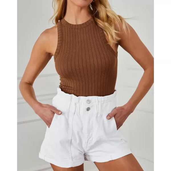 BTFBM 2 Pack Womens Tank Tops Casual Sleeveless Racerback High Neck Crop Tops Shirts Slim Fitted Basic Ribbed Tank TopBrown black