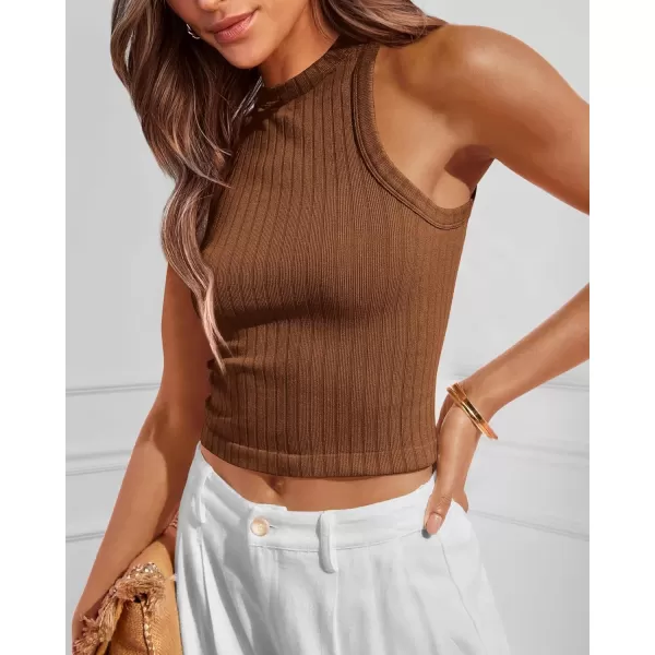 BTFBM 2 Pack Womens Tank Tops Casual Sleeveless Racerback High Neck Crop Tops Shirts Slim Fitted Basic Ribbed Tank TopBrown black