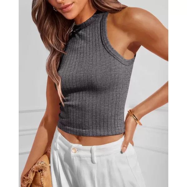 BTFBM 2 Pack Womens Tank Tops Casual Sleeveless Racerback High Neck Crop Tops Shirts Slim Fitted Basic Ribbed Tank TopDark Grey black