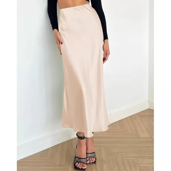 BTFBM 2024 Women Long Satin Summer Fall Skirt Silk Elegant High Waist Cocktail Party Wedding Flared ALine Midi SkirtsSolid Beige