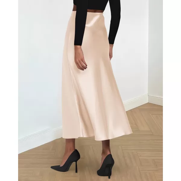 BTFBM 2024 Women Long Satin Summer Fall Skirt Silk Elegant High Waist Cocktail Party Wedding Flared ALine Midi SkirtsSolid Beige