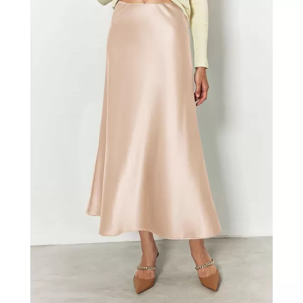 BTFBM 2024 Women Long Satin Summer Fall Skirt Silk Elegant High Waist Cocktail Party Wedding Flared ALine Midi SkirtsSolid Beige