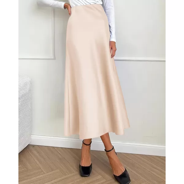 BTFBM 2024 Women Long Satin Summer Fall Skirt Silk Elegant High Waist Cocktail Party Wedding Flared ALine Midi SkirtsSolid Beige