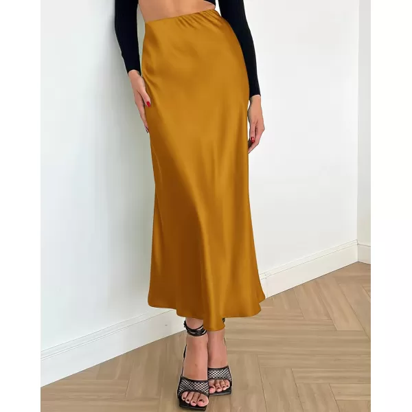 BTFBM 2024 Women Long Satin Summer Fall Skirt Silk Elegant High Waist Cocktail Party Wedding Flared ALine Midi SkirtsSolid Brown Yellow