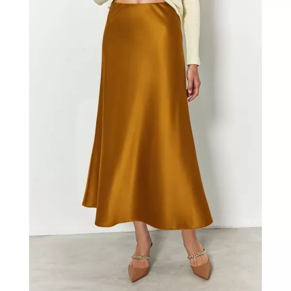 BTFBM 2024 Women Long Satin Summer Fall Skirt Silk Elegant High Waist Cocktail Party Wedding Flared ALine Midi SkirtsSolid Brown Yellow