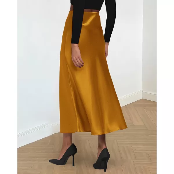 BTFBM 2024 Women Long Satin Summer Fall Skirt Silk Elegant High Waist Cocktail Party Wedding Flared ALine Midi SkirtsSolid Brown Yellow