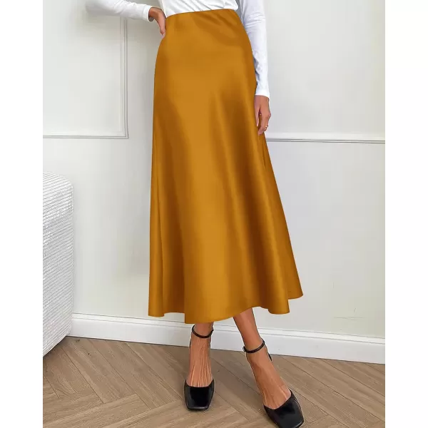 BTFBM 2024 Women Long Satin Summer Fall Skirt Silk Elegant High Waist Cocktail Party Wedding Flared ALine Midi SkirtsSolid Brown Yellow