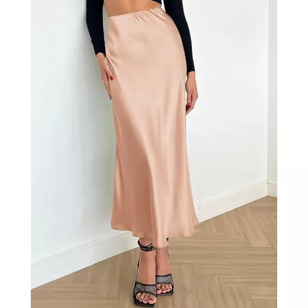 BTFBM 2024 Women Long Satin Summer Fall Skirt Silk Elegant High Waist Cocktail Party Wedding Flared ALine Midi SkirtsSolid Champagne
