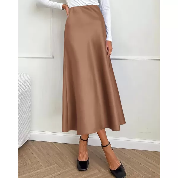 BTFBM 2024 Women Long Satin Summer Fall Skirt Silk Elegant High Waist Cocktail Party Wedding Flared ALine Midi SkirtsSolid Coffee