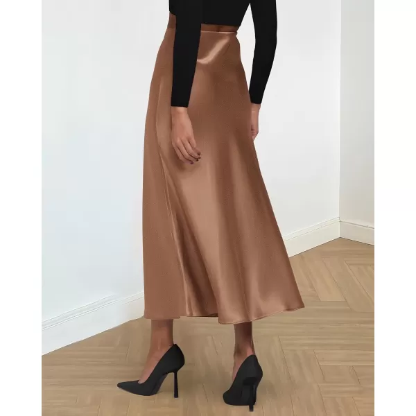 BTFBM 2024 Women Long Satin Summer Fall Skirt Silk Elegant High Waist Cocktail Party Wedding Flared ALine Midi SkirtsSolid Coffee