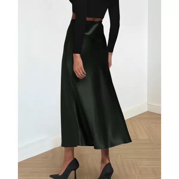 BTFBM 2024 Women Long Satin Summer Fall Skirt Silk Elegant High Waist Cocktail Party Wedding Flared ALine Midi SkirtsSolid Dark Army Green
