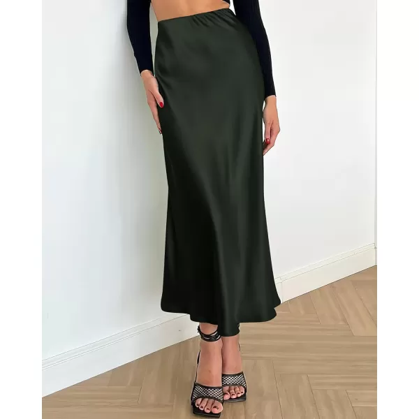 BTFBM 2024 Women Long Satin Summer Fall Skirt Silk Elegant High Waist Cocktail Party Wedding Flared ALine Midi SkirtsSolid Dark Army Green