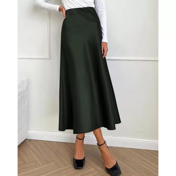 BTFBM 2024 Women Long Satin Summer Fall Skirt Silk Elegant High Waist Cocktail Party Wedding Flared ALine Midi SkirtsSolid Dark Army Green
