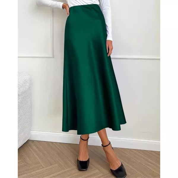 BTFBM 2024 Women Long Satin Summer Fall Skirt Silk Elegant High Waist Cocktail Party Wedding Flared ALine Midi SkirtsSolid Dark Green