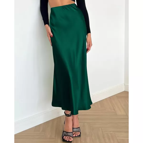 BTFBM 2024 Women Long Satin Summer Fall Skirt Silk Elegant High Waist Cocktail Party Wedding Flared ALine Midi SkirtsSolid Dark Green