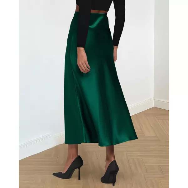 BTFBM 2024 Women Long Satin Summer Fall Skirt Silk Elegant High Waist Cocktail Party Wedding Flared ALine Midi SkirtsSolid Dark Green