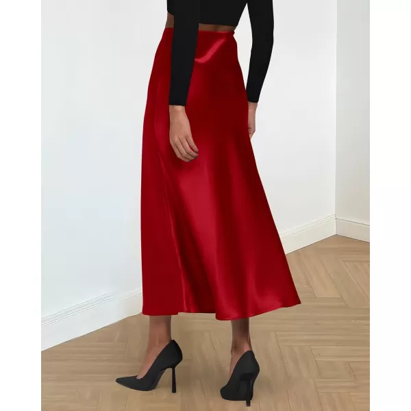BTFBM 2024 Women Long Satin Summer Fall Skirt Silk Elegant High Waist Cocktail Party Wedding Flared ALine Midi SkirtsSolid Dark Red