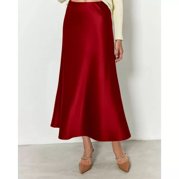 BTFBM 2024 Women Long Satin Summer Fall Skirt Silk Elegant High Waist Cocktail Party Wedding Flared ALine Midi SkirtsSolid Dark Red