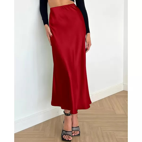 BTFBM 2024 Women Long Satin Summer Fall Skirt Silk Elegant High Waist Cocktail Party Wedding Flared ALine Midi SkirtsSolid Dark Red