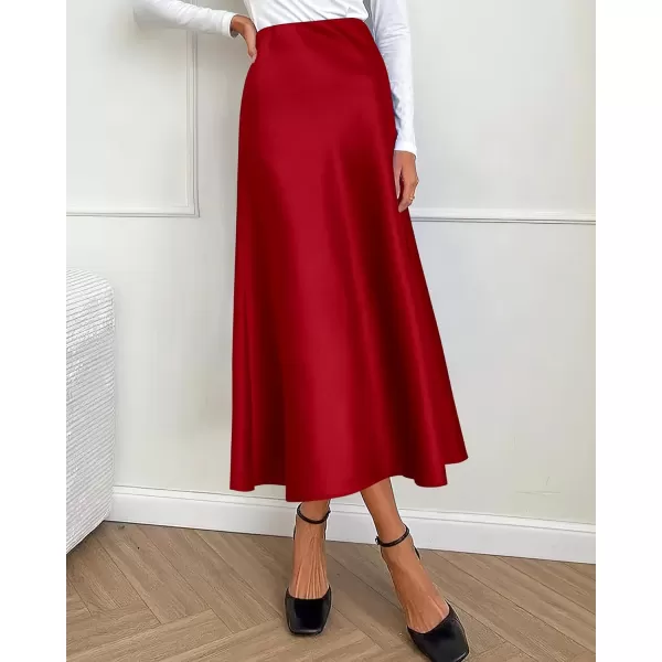 BTFBM 2024 Women Long Satin Summer Fall Skirt Silk Elegant High Waist Cocktail Party Wedding Flared ALine Midi SkirtsSolid Dark Red