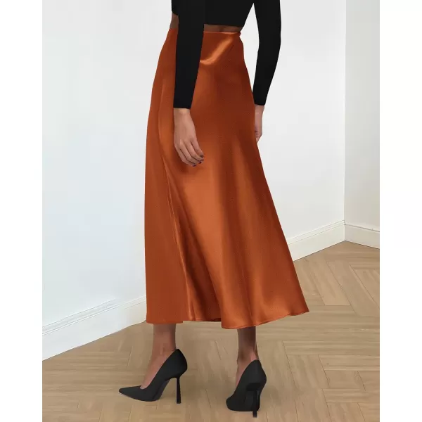 BTFBM 2024 Women Long Satin Summer Fall Skirt Silk Elegant High Waist Cocktail Party Wedding Flared ALine Midi SkirtsSolid Rust Red