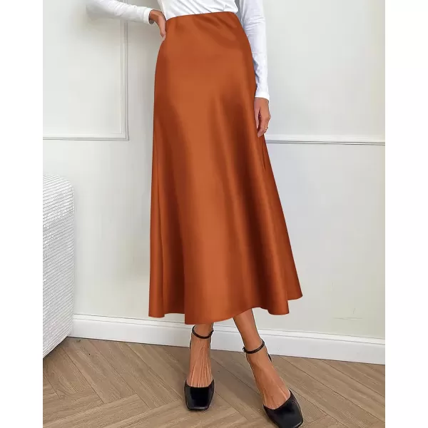 BTFBM 2024 Women Long Satin Summer Fall Skirt Silk Elegant High Waist Cocktail Party Wedding Flared ALine Midi SkirtsSolid Rust Red