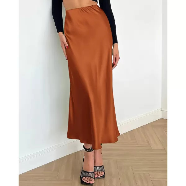 BTFBM 2024 Women Long Satin Summer Fall Skirt Silk Elegant High Waist Cocktail Party Wedding Flared ALine Midi SkirtsSolid Rust Red