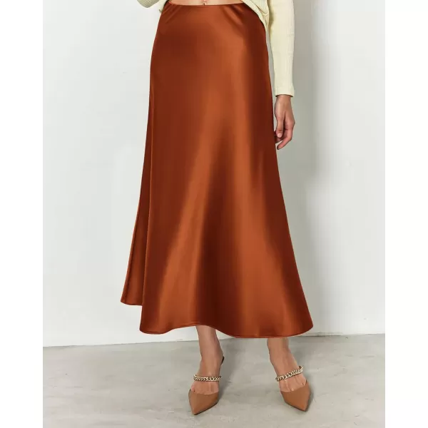 BTFBM 2024 Women Long Satin Summer Fall Skirt Silk Elegant High Waist Cocktail Party Wedding Flared ALine Midi SkirtsSolid Rust Red