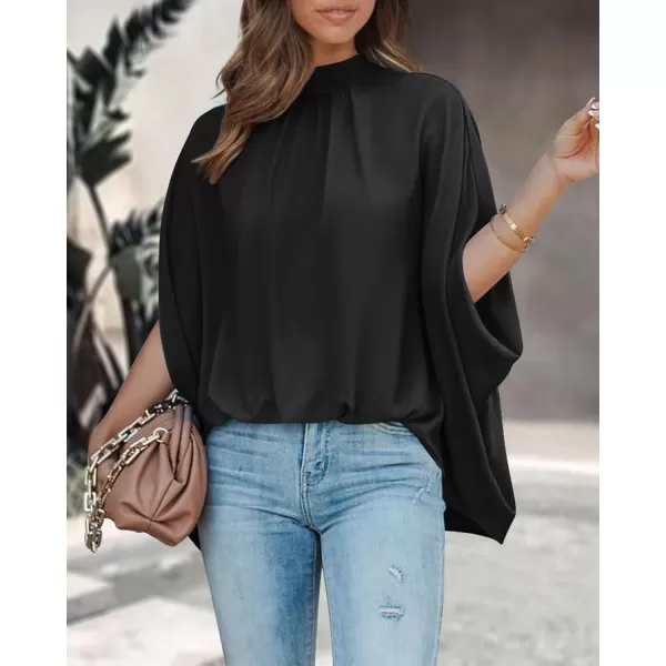 BTFBM Women Mock Neck Summer Tops 2024 Spring Batwing Short Sleeve Loose High Low Hem Casual Oversized Blouses ShirtsSolid Black