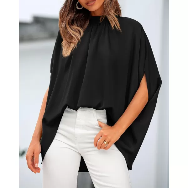 BTFBM Women Mock Neck Summer Tops 2024 Spring Batwing Short Sleeve Loose High Low Hem Casual Oversized Blouses ShirtsSolid Black