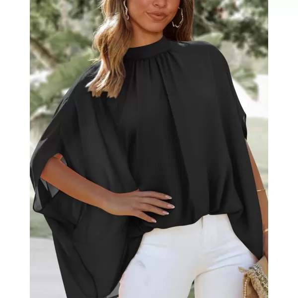 BTFBM Women Mock Neck Summer Tops 2024 Spring Batwing Short Sleeve Loose High Low Hem Casual Oversized Blouses ShirtsSolid Black