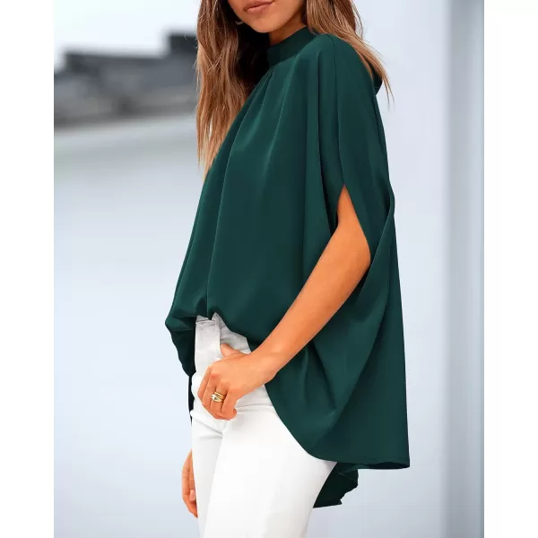 BTFBM Women Mock Neck Summer Tops 2024 Spring Batwing Short Sleeve Loose High Low Hem Casual Oversized Blouses ShirtsSolid Dark Green