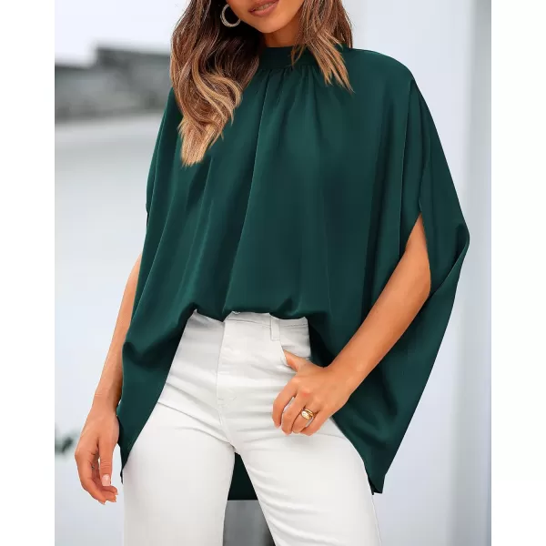 BTFBM Women Mock Neck Summer Tops 2024 Spring Batwing Short Sleeve Loose High Low Hem Casual Oversized Blouses ShirtsSolid Dark Green