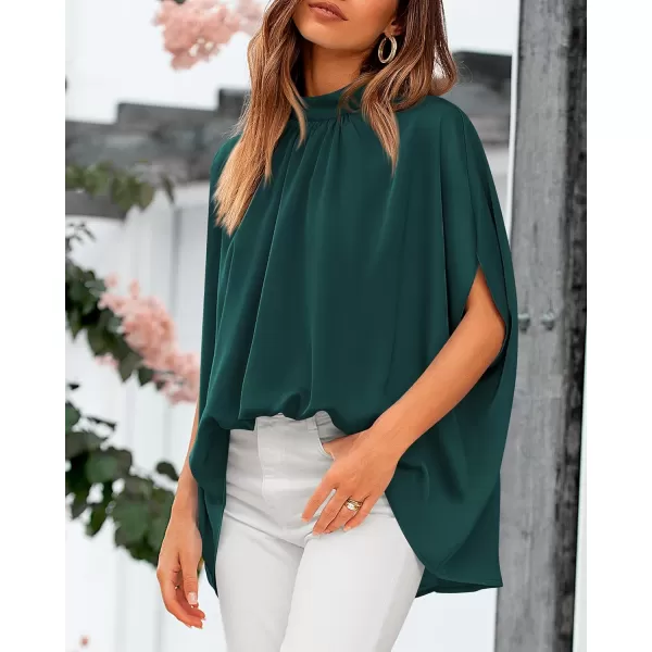 BTFBM Women Mock Neck Summer Tops 2024 Spring Batwing Short Sleeve Loose High Low Hem Casual Oversized Blouses ShirtsSolid Dark Green