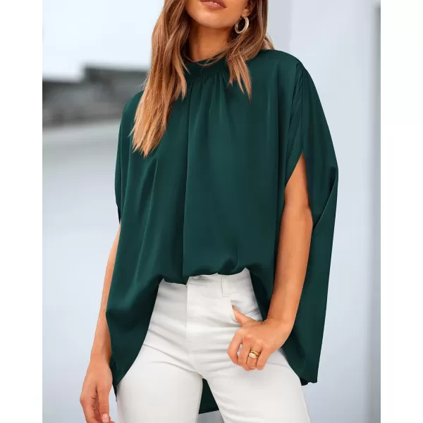 BTFBM Women Mock Neck Summer Tops 2024 Spring Batwing Short Sleeve Loose High Low Hem Casual Oversized Blouses ShirtsSolid Dark Green