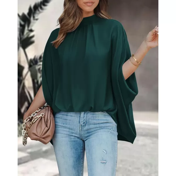 BTFBM Women Mock Neck Summer Tops 2024 Spring Batwing Short Sleeve Loose High Low Hem Casual Oversized Blouses ShirtsSolid Dark Green
