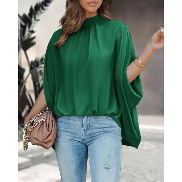 BTFBM Women Mock Neck Summer Tops 2024 Spring Batwing Short Sleeve Loose High Low Hem Casual Oversized Blouses ShirtsSolid Green
