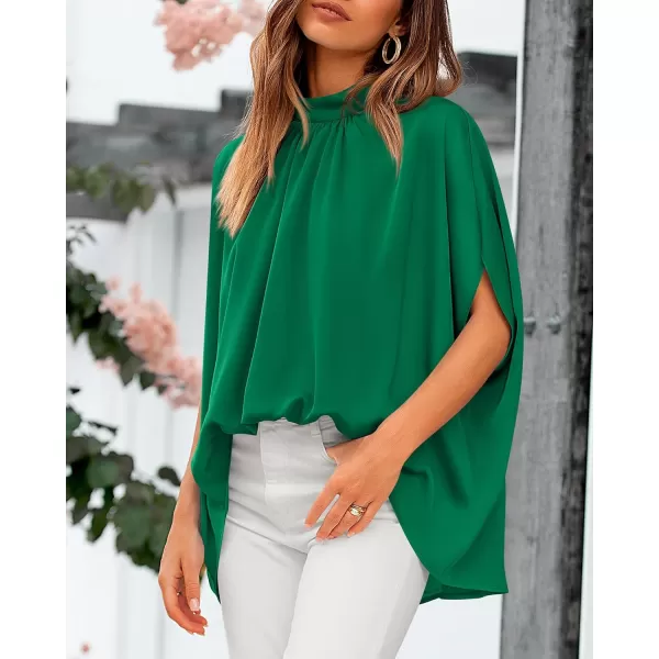 BTFBM Women Mock Neck Summer Tops 2024 Spring Batwing Short Sleeve Loose High Low Hem Casual Oversized Blouses ShirtsSolid Green